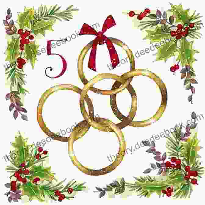 Five Golden Rings Hanging From A Christmas Tree Branch, Reflecting The Twinkling Lights. Snowflake Hollow Part 1 (12 Days Of Christmas)